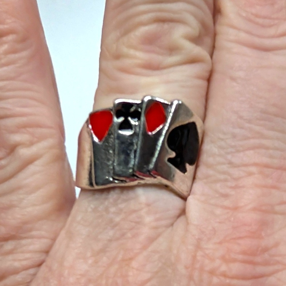 New Playing Cards Aces Ring Size 8 SilverTone Red Black Enamel Poker Casino Luck